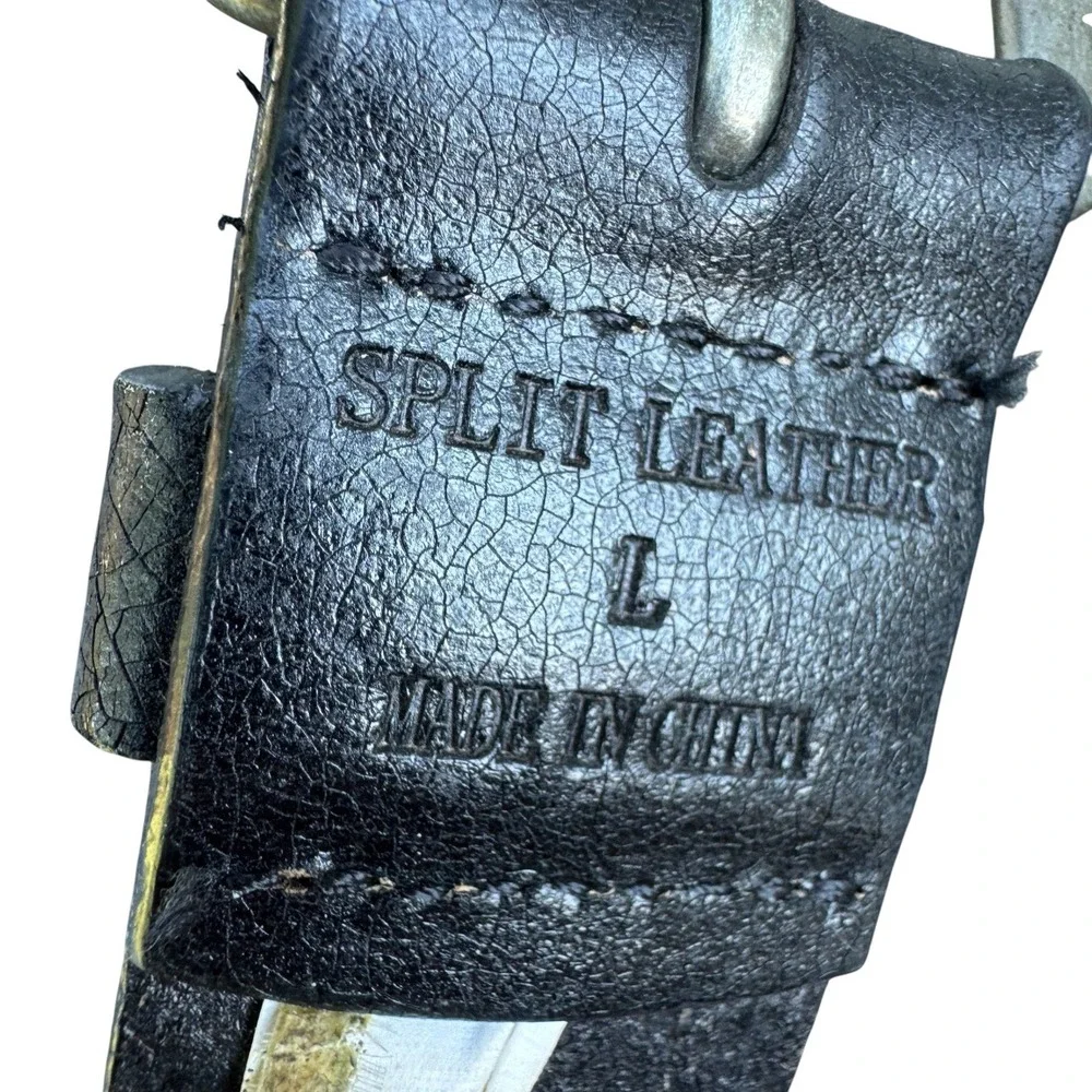 Black Split Leather Pyramid Studded Belt Men Large Silver Hardware Punk Rocker